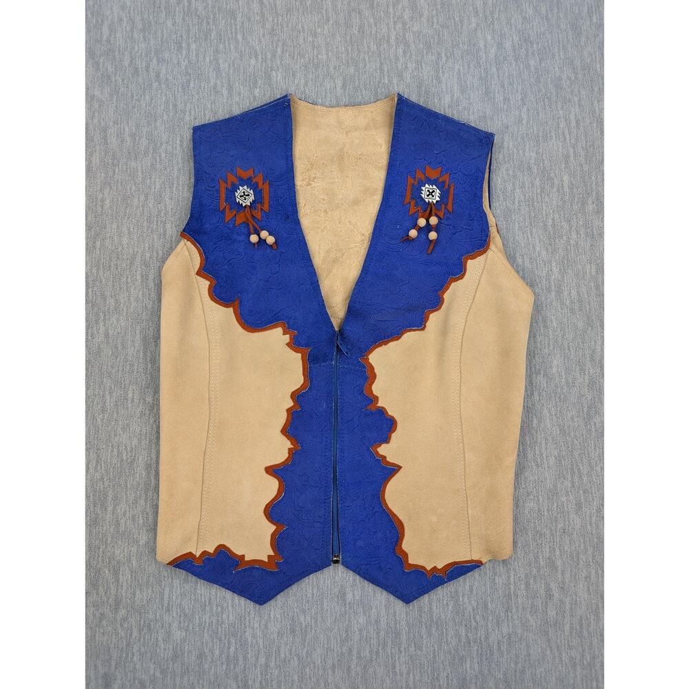 Vintage 90s Western Suede Vest Womens Blue Tan Concho Rodeo Tooled Boho Beaded